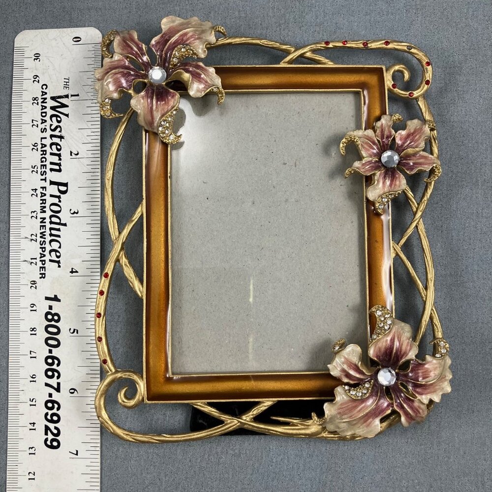 Ornate Metal Picture Photo Frame Hang or Stand 3.5 x 5" Orchids & Rhinestones